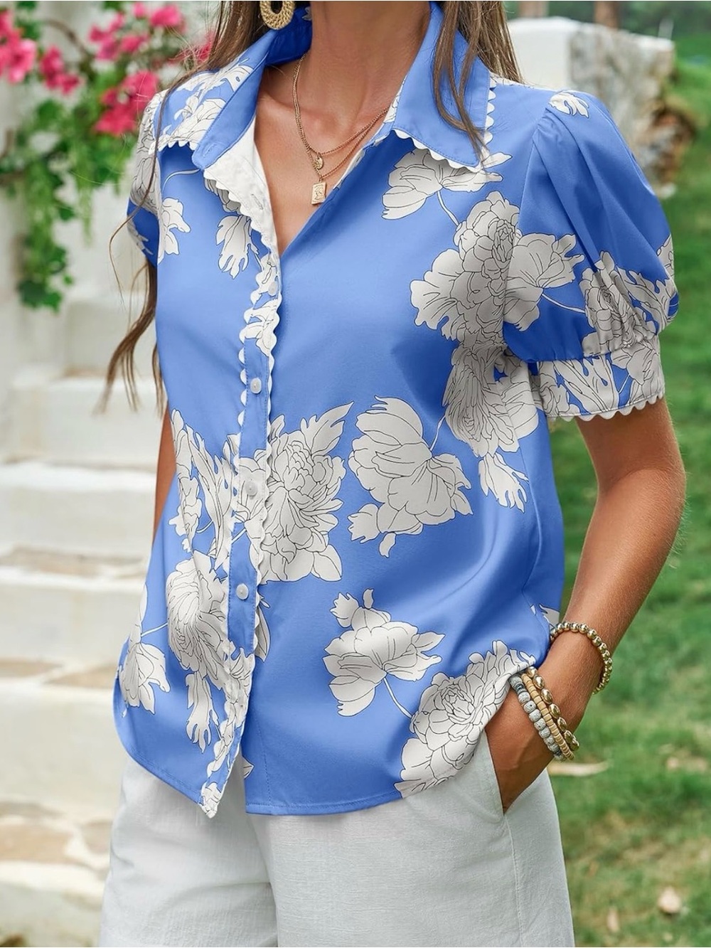 Button-Front Blue Floral Women's Blouse - Picture 3 of 4